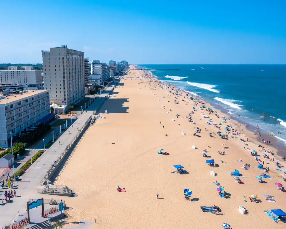 Aerial View of the Virginia Beach ocean front looking North stock photo